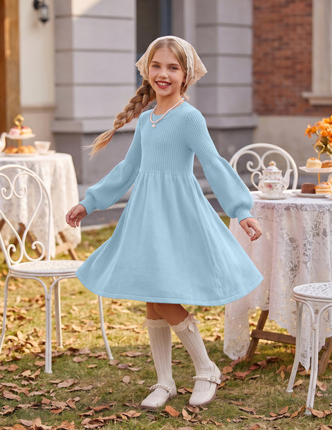 Girls Lantern Sleeve Knit Sweater Dress Round Neck Striped A-Line Fall Dress - Light Blue