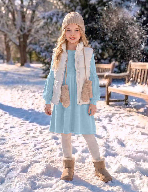 Girls Lantern Sleeve Knit Sweater Dress Round Neck Striped A-Line Fall Dress - Light Blue