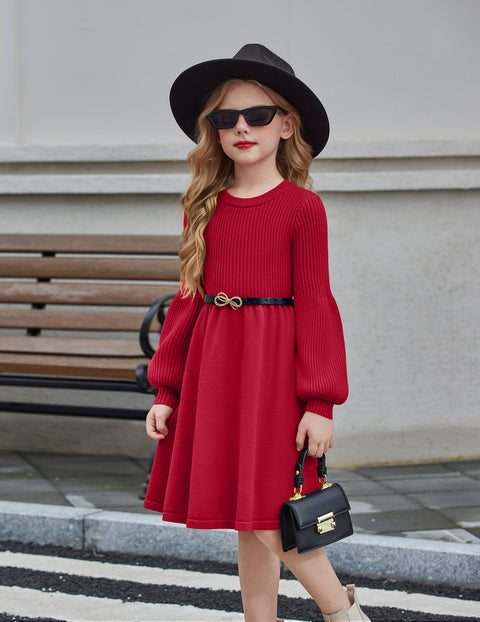 Girls Lantern Sleeve Knit Sweater Dress Round Neck Striped A-Line Fall Dress - Red