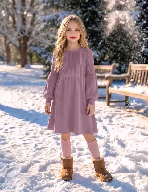 Girls Lantern Sleeve Knit Sweater Dress Round Neck Striped A-Line Fall Dress - Fuchsia