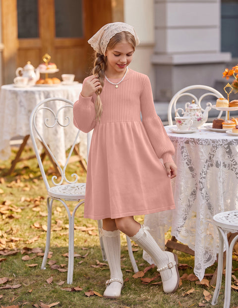 Girls Lantern Sleeve Knit Sweater Dress Round Neck Striped A-Line Fall Dress - Pink