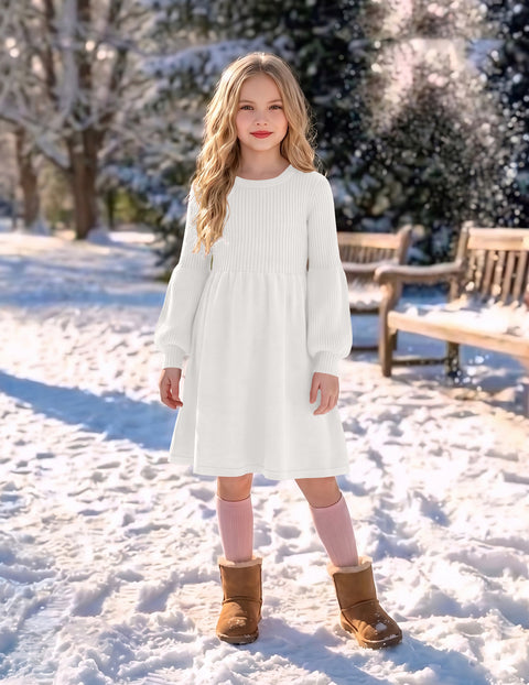 Girls Lantern Sleeve Knit Sweater Dress Round Neck Striped A-Line Fall Dress - White