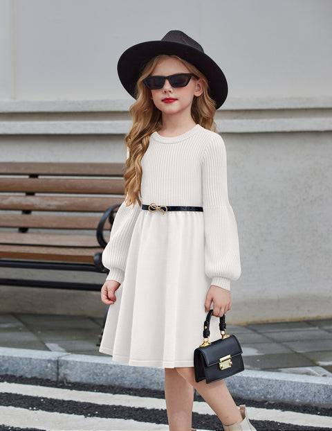 Girls Lantern Sleeve Knit Sweater Dress Round Neck Striped A-Line Fall Dress - White