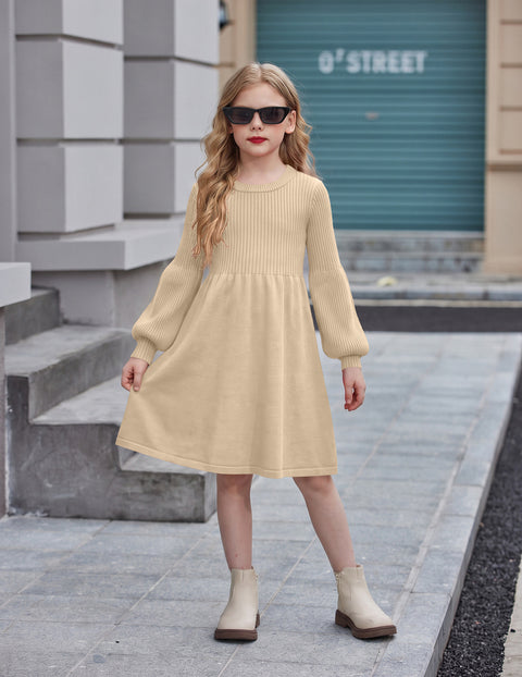 Girls Lantern Sleeve Knit Sweater Dress Round Neck Striped A-Line Fall Dress - Beige