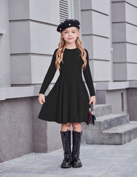 Girls Long Sleeve Ribbed Knit Dress Crew Neck A-Line Fall Winter Dress - Black
