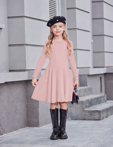 Girls Long Sleeve Ribbed Knit Dress Crew Neck A-Line Fall Winter Dress - Pink