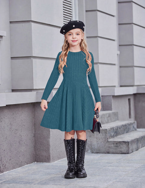 Girls Long Sleeve Ribbed Knit Dress Crew Neck A-Line Fall Winter Dress - Blue Green