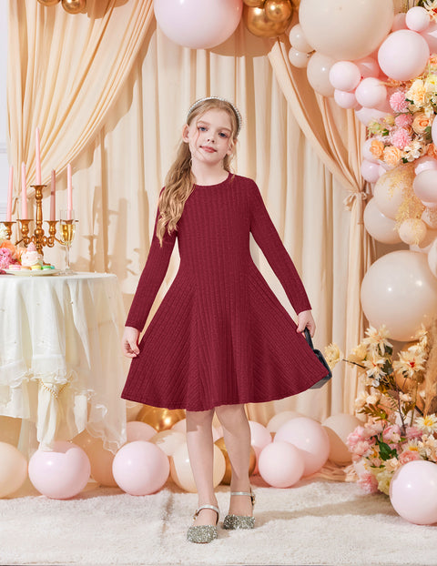 Girls Long Sleeve Ribbed Knit Dress Crew Neck A-Line Fall Winter Dress - Deep Red
