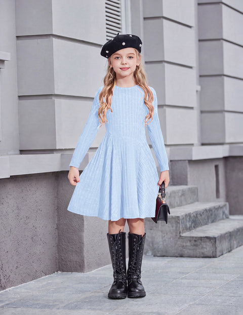 Girls Long Sleeve Ribbed Knit Dress Crew Neck A-Line Fall Winter Dress - Light Blue