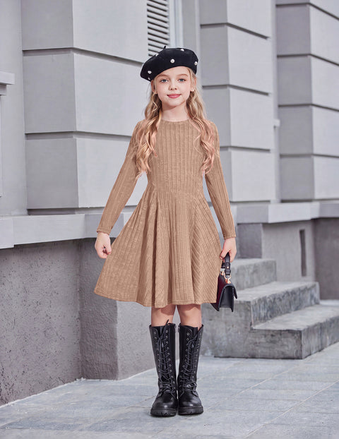 Girls Long Sleeve Ribbed Knit Dress Crew Neck A-Line Fall Winter Dress - Camel