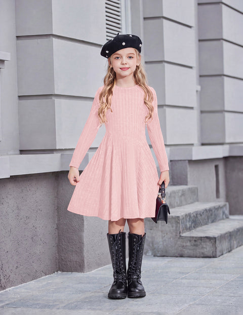 Girls Long Sleeve Ribbed Knit Dress Crew Neck A-Line Fall Winter Dress - Light Pink