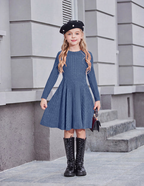 Girls Long Sleeve Ribbed Knit Dress Crew Neck A-Line Fall Winter Dress - Navy Blue