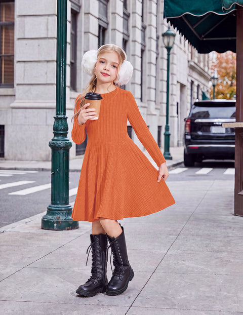 Girls Long Sleeve Ribbed Knit Dress Crew Neck A-Line Fall Winter Dress - Orange