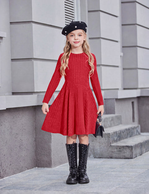 Girls Long Sleeve Ribbed Knit Dress Crew Neck A-Line Fall Winter Dress - Red