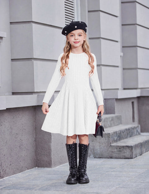 Girls Long Sleeve Ribbed Knit Dress Crew Neck A-Line Fall Winter Dress - White