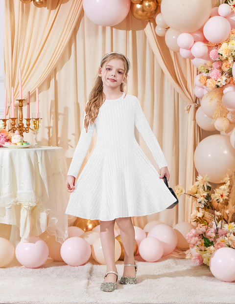 Girls Long Sleeve Ribbed Knit Dress Crew Neck A-Line Fall Winter Dress - White