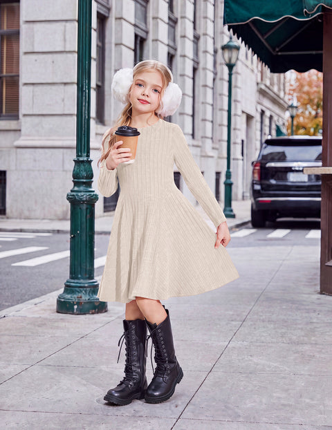 Girls Long Sleeve Ribbed Knit Dress Crew Neck A-Line Fall Winter Dress - Beige