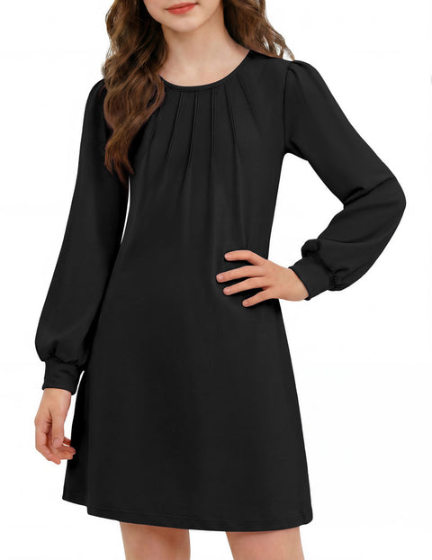 Girls Long Sleeve Pleated Front A-Line Dress Puff Sleeve Fall Casual Dress - Black
