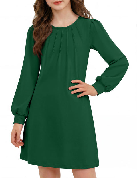 Girls Long Sleeve Pleated Front A-Line Dress Puff Sleeve Fall Casual Dress - Green