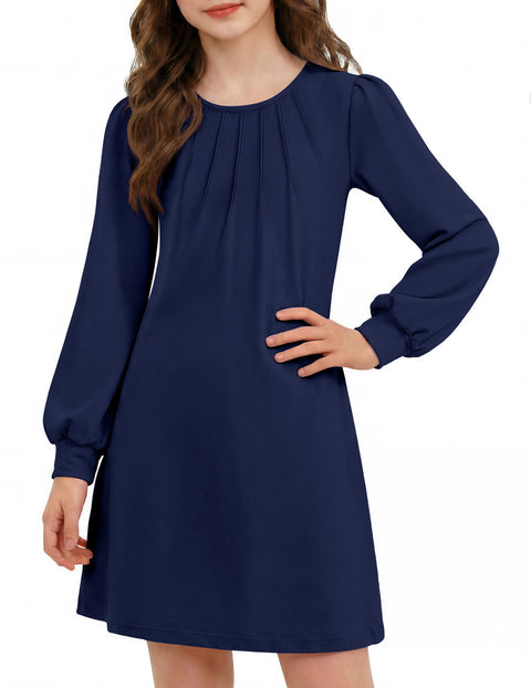 Girls Long Sleeve Pleated Front A-Line Dress Puff Sleeve Fall Casual Dress - Navy Blue