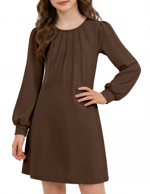 Girls Long Sleeve Pleated Front A-Line Dress Puff Sleeve Fall Casual Dress - Brown