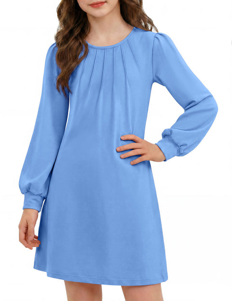 Girls Long Sleeve Pleated Front A-Line Dress Puff Sleeve Fall Casual Dress - Blue