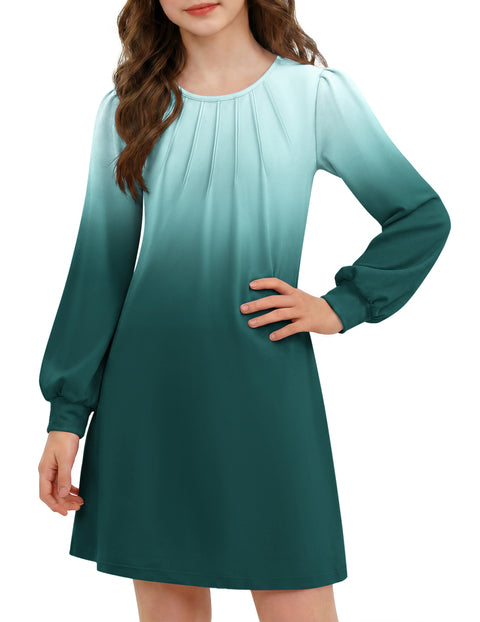 Girls Long Sleeve Pleated Front A-Line Dress Puff Sleeve Fall Casual Dress - IB161