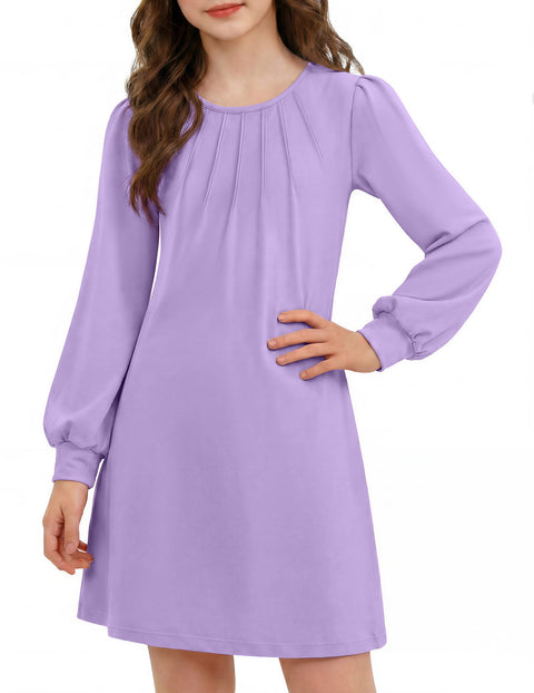 Girls Long Sleeve Pleated Front A-Line Dress Puff Sleeve Fall Casual Dress - Purple