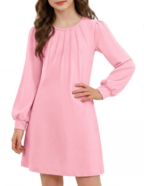 Girls Long Sleeve Pleated Front A-Line Dress Puff Sleeve Fall Casual Dress - Pink