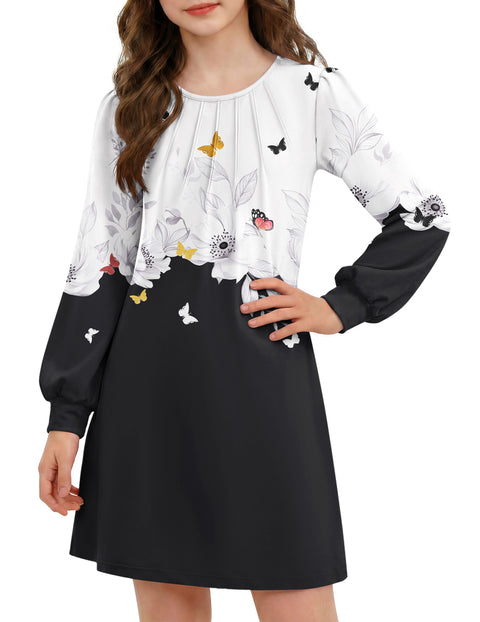 Girls Long Sleeve Pleated Front A-Line Dress Puff Sleeve Fall Casual Dress - SD552