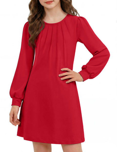 Girls Long Sleeve Pleated Front A-Line Dress Puff Sleeve Fall Casual Dress - Red