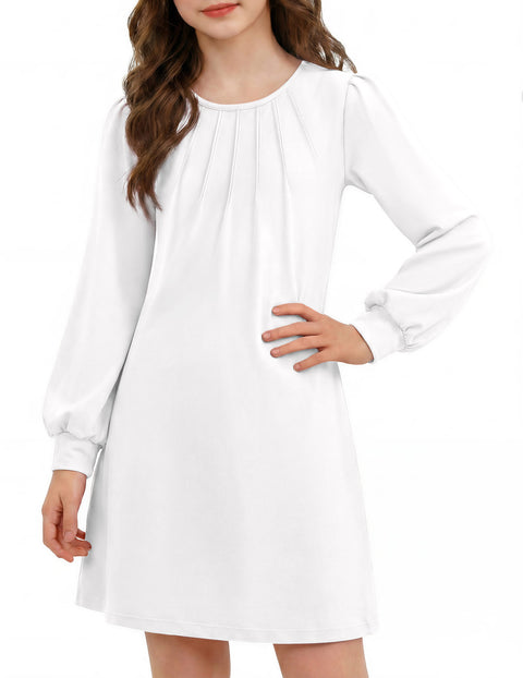 Girls Long Sleeve Pleated Front A-Line Dress Puff Sleeve Fall Casual Dress - White