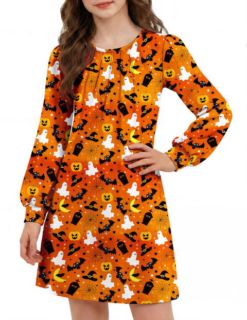 Girls Long Sleeve Pleated Front A-Line Dress Puff Sleeve Fall Casual Dress - Orange Pumpkin