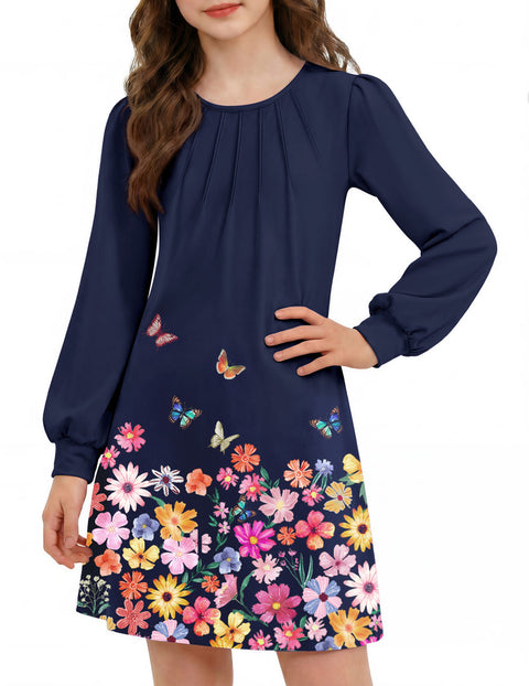Girls Long Sleeve Pleated Front A-Line Dress Puff Sleeve Fall Casual Dress - Navy Blue Butterfly
