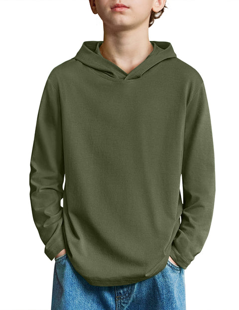 Boys Long Sleeve Hooded T-Shirt Lightweight Pullover Hoodie Cotton Blend - Army Green
