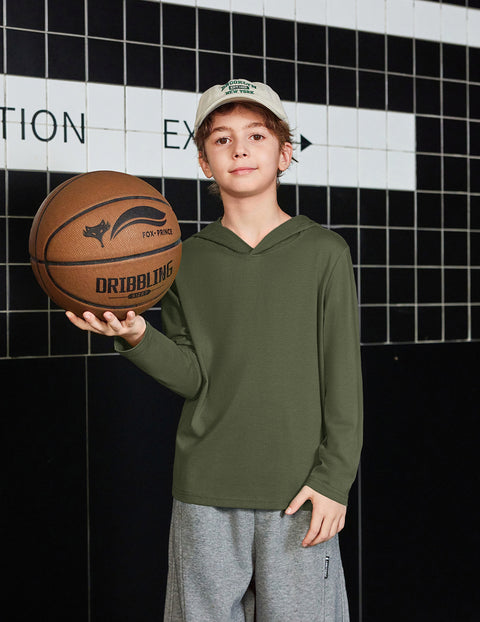 Boys Long Sleeve Hooded T-Shirt Lightweight Pullover Hoodie Cotton Blend - Army Green