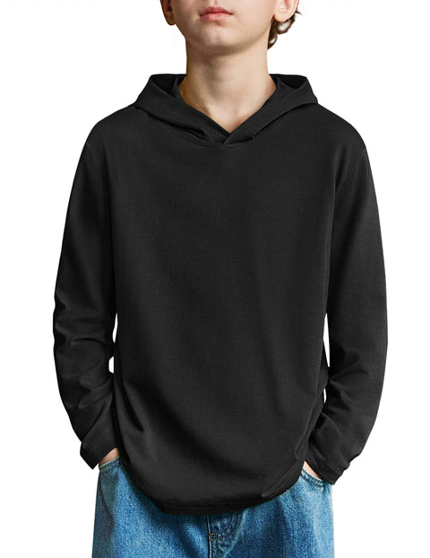 Boys Long Sleeve Hooded T-Shirt Lightweight Pullover Hoodie Cotton Blend - Black