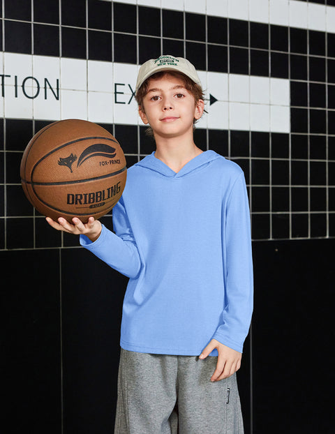 Boys Long Sleeve Hooded T-Shirt Lightweight Pullover Hoodie Cotton Blend - Light Blue