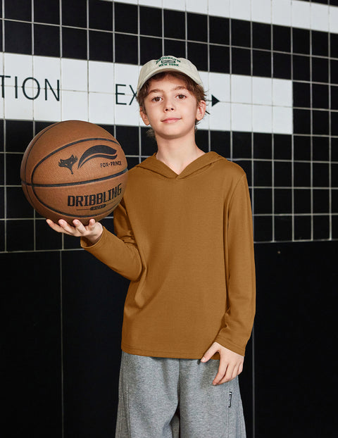 Boys Long Sleeve Hooded T-Shirt Lightweight Pullover Hoodie Cotton Blend - Light Brown