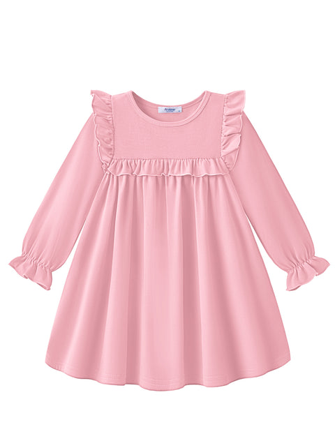 Toddler Girls Long Sleeve Dress Puff Sleeve Ruffle Trim A-Line Fall Dress - Pink