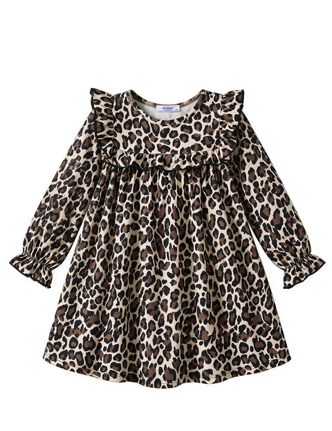 Toddler Girls Long Sleeve Dress Puff Sleeve Ruffle Trim A-Line Fall Dress - Leopard