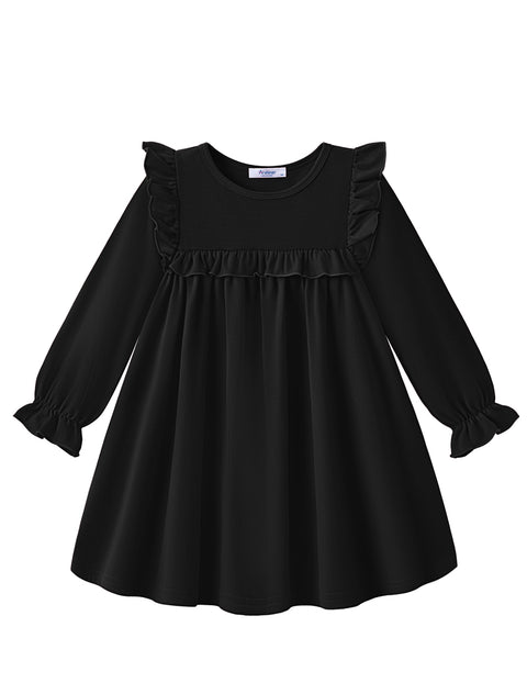 Toddler Girls Long Sleeve Dress Puff Sleeve Ruffle Trim A-Line Fall Dress - Black