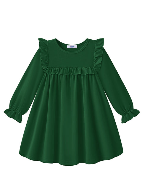 Toddler Girls Long Sleeve Dress Puff Sleeve Ruffle Trim A-Line Fall Dress - Bright Green