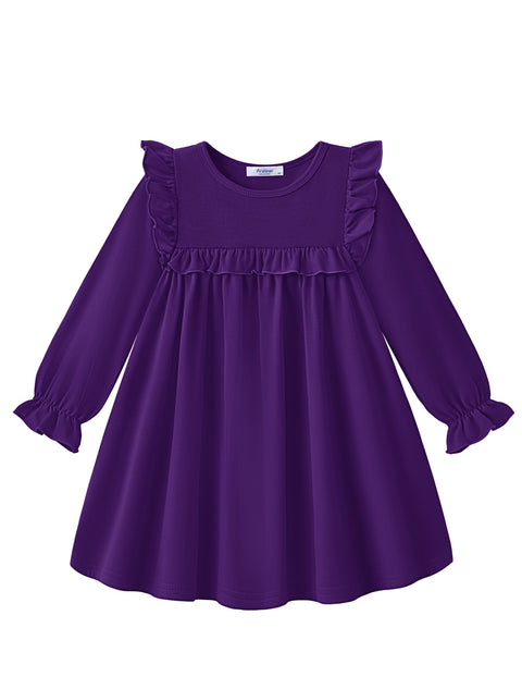 Toddler Girls Long Sleeve Dress Puff Sleeve Ruffle Trim A-Line Fall Dress - BP