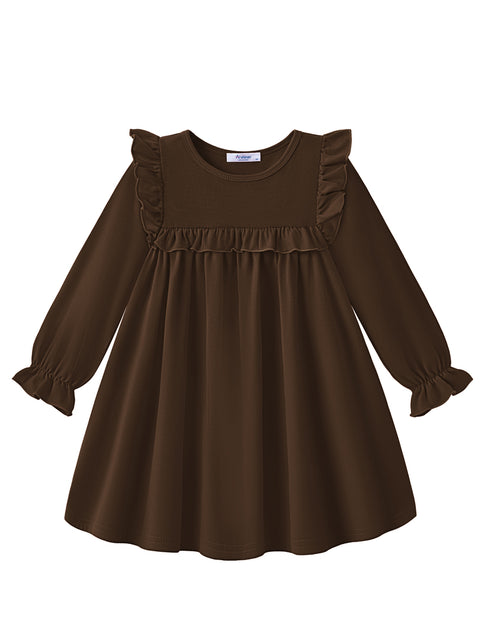 Toddler Girls Long Sleeve Dress Puff Sleeve Ruffle Trim A-Line Fall Dress - Brown