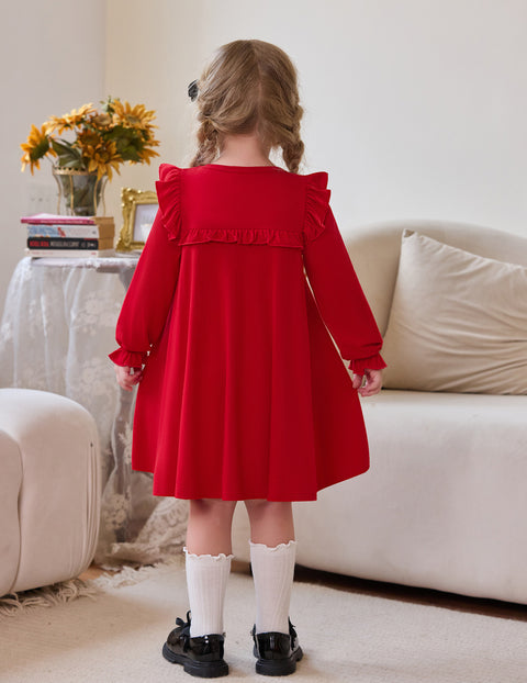 Toddler Girls Long Sleeve Dress Puff Sleeve Ruffle Trim A-Line Fall Dress - Deep Red