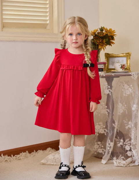 Toddler Girls Long Sleeve Dress Puff Sleeve Ruffle Trim A-Line Fall Dress - Deep Red