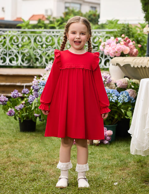 Toddler Girls Long Sleeve Dress Puff Sleeve Ruffle Trim A-Line Fall Dress - Deep Red