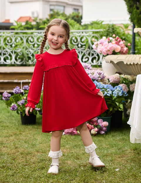 Toddler Girls Long Sleeve Dress Puff Sleeve Ruffle Trim A-Line Fall Dress - Deep Red