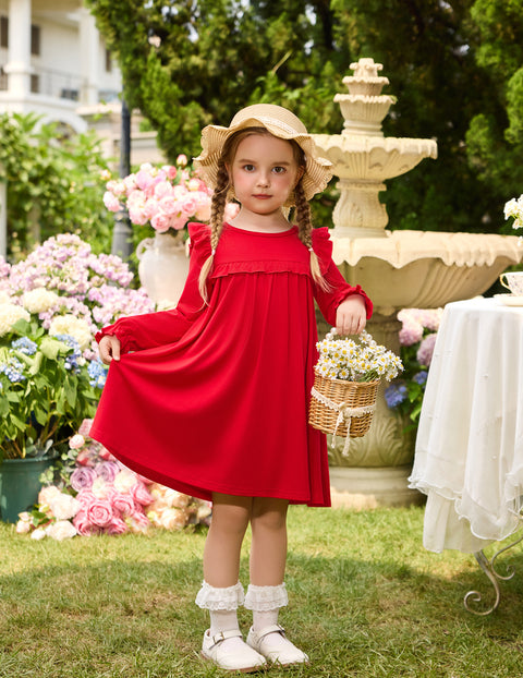 Toddler Girls Long Sleeve Dress Puff Sleeve Ruffle Trim A-Line Fall Dress - Deep Red